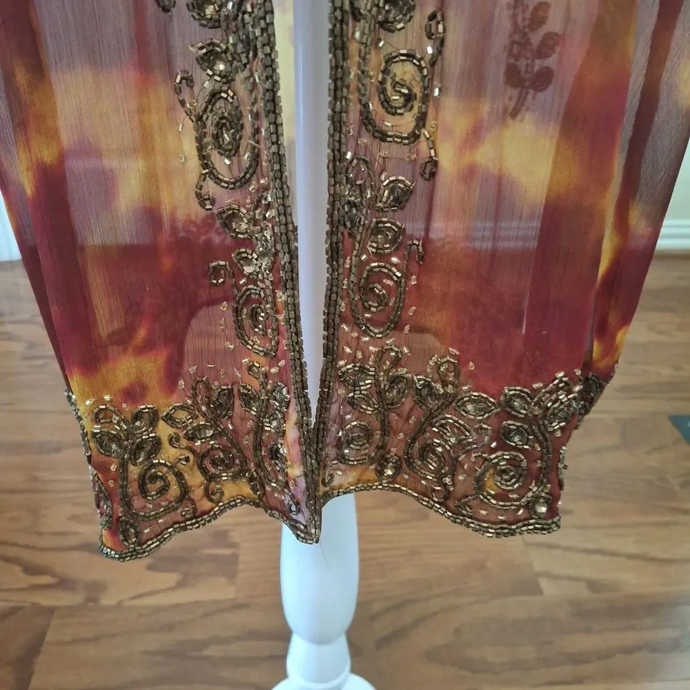 INDIGO MOON Beaded Long Open Duster Kimono Tie Dye Gold Red Medium Boho Vacation